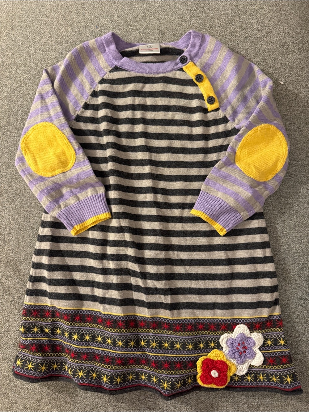 3/$15- Striped Knit Dress with Lavender Sleeves & Yellow Elbow Patches